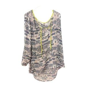 Daniel Rainn Women's 2X Long Sleeve Sheer Blouse Tie Collar Long Sleeve Boho Y2K